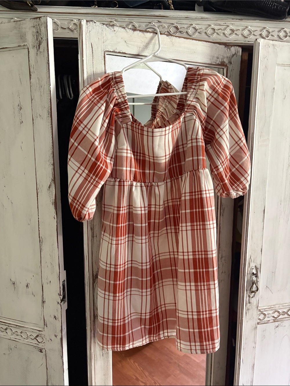 Monteau Cream and Rust Plaid Puff Sleeve Dress